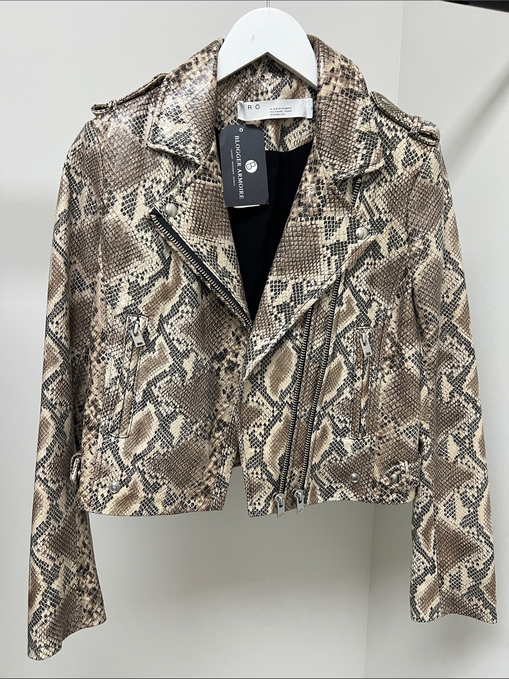 IRO Snake-Print Cropped Leather Moto Jacket in Beige and Brown